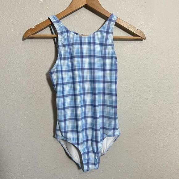 Minnow Girls One Piece Swimsuit 11/12 Blue Plaid Double Bow - Picture 4 of 6
